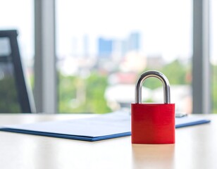 Fototapeta premium Red padlock on a desk, office view