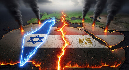 Map of israel and egypt with flags on cracked earth with fire and smoke illustration concept