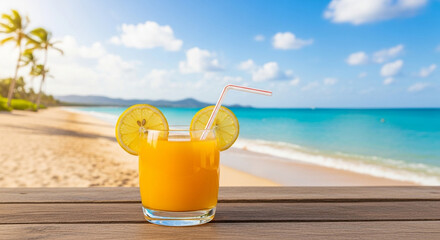 Refreshing orange juice with lemon slices and a straw sits on a wooden table with a beautiful tropical beach and ocean backdrop on a sunny day