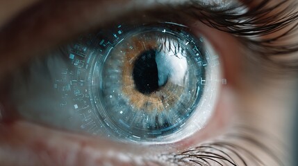 Futuristic digital eye overlay showcasing advanced technology and AI capabilities, symbolizing data analysis and future innovation