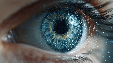 Stunning close-up of a futuristic human eye with intricate digital network overlay, symbolizing AI, vision, and advanced technology