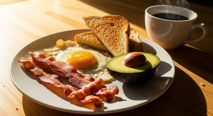 A delicious and hearty breakfast plate featuring a fried egg crispy bacon toasted bread half an avocado and a steaming cup of coffee bathed in warm sunlight