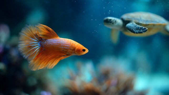 Aquarium betta fish glowing glass tank while wild sea turtle swims in ocean background stunning blend of pet beauty and marine wildlife