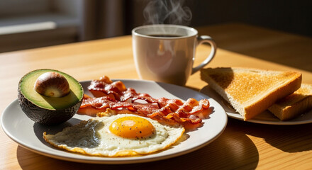 Delicious and hearty breakfast spread featuring a perfectly fried egg crispy bacon creamy avocado and golden toast served with a steaming cup of coffee on a wooden table