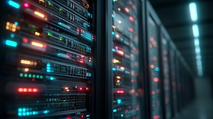 Vibrant server room glows with dynamic data flow, showcasing cutting-edge technology and powerful digital infrastructure for innovation and growth.