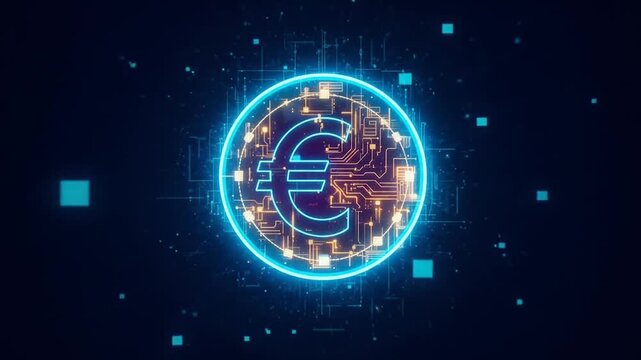 Digital Euro cryptocurrency symbol glowing with blue neon light against starry space background representing European central bank digital currency
