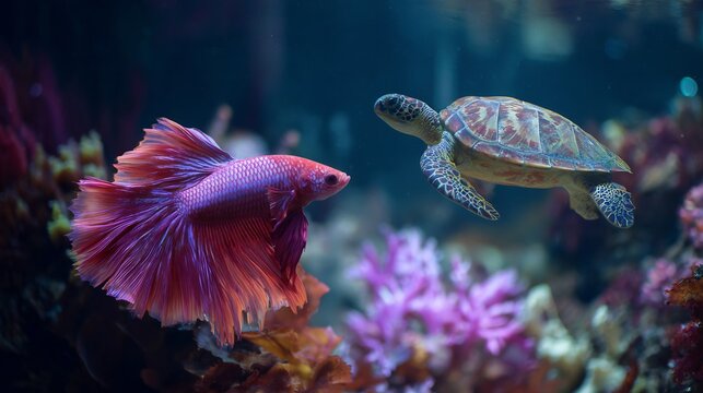 Aquarium betta fish glowing glass tank while wild sea turtle swims in ocean background stunning blend of pet beauty and marine wildlife