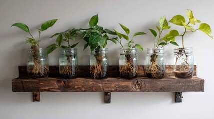 Six small plants with visible roots growing in glass jars on a rustic wooden shelf mounted on a wall.