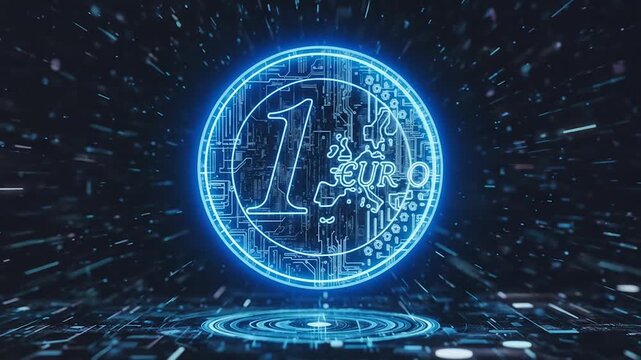 Animation of futuristic glowing digital euro coin hologram with grid background, symbolizing electronic money, blockchain innovation, financial technology and virtual economy.