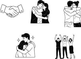 Black and white people handshake hug embrace celebration unity friendship love support teamwork success relationship connection emotion illustration vector art