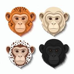 Fototapeta premium Four distinct monkey faces in paper cut style animal portraits