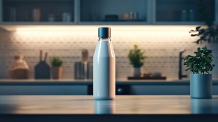 A bottle of milk is on a counter in a kitchen