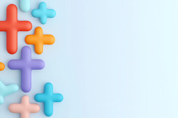 Obraz premium Vibrant assortment of colorful plus signs arranged along a soft blue gradient, conveying health, growth, and playful optimism with modern geometric shapes.