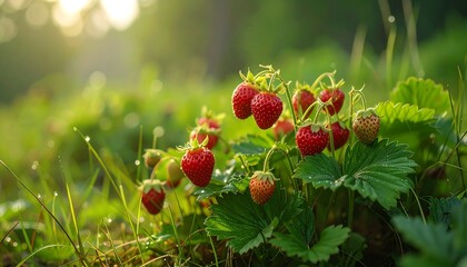 Obraz premium Lush, ripe strawberries, glistening with morning dew, are nestled amongst vibrant green foliage in a sun-drenched field.