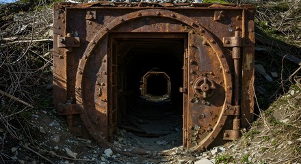Obraz premium Discover the eerie beauty of a rusty, weathered vault door in an abandoned mine shaft entrance.