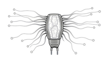 Futuristic interconnected device with internal circuit board and numerous wire connections