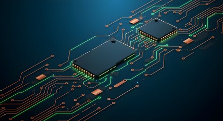 Innovative logic gates: copper and lime gleam effect on a serene twilight blue.