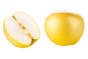 A yellow apple with a bite taken out of it