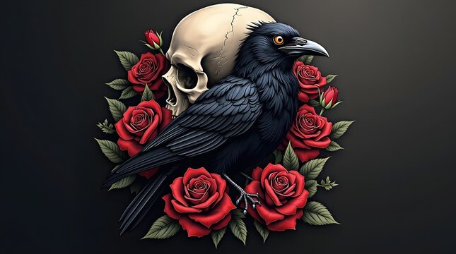 Dark raven tattoo concept with skull and roses, gothic aesthetic, highly detailed&nbsp;blackwork&nbsp;style