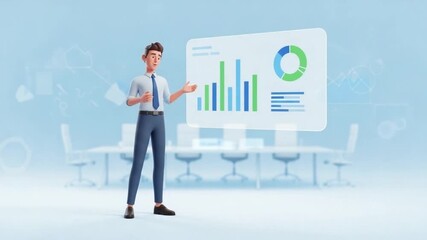 Presenting Financial Data by Cartoon Man in Meeting Room - Powered by Adobe