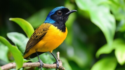 Vibrant orange crowned sunbird perching gracefully on a slender tree branch