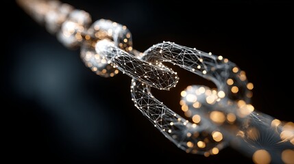 Dynamic digital chain links connect with glowing nodes symbolizing technology, data, and secure networks in a futuristic abstract concept.