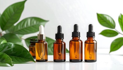 Amber dropper bottles on white surface with leaves