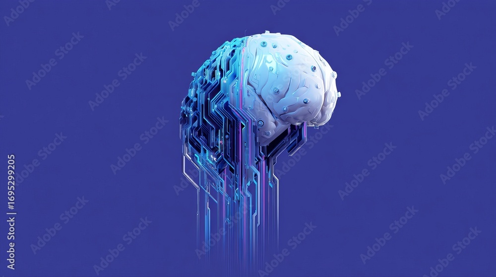 Poster futuristic digital brain integrates technology and consciousness for advanced artificial intelligenc