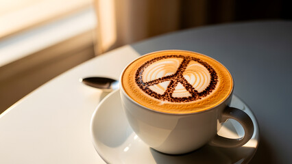 Latte art with a peace symbol created on a white coffee cup sitting on a table by a window.