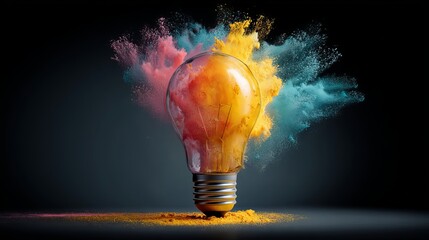 Vibrant explosion of colorful powder erupts from a clear glass light bulb, symbolizing brilliant new ideas and creative innovation igniting powerfully