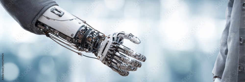 Poster robot hand extending to shake hands with human in a modern technology setting during daylight