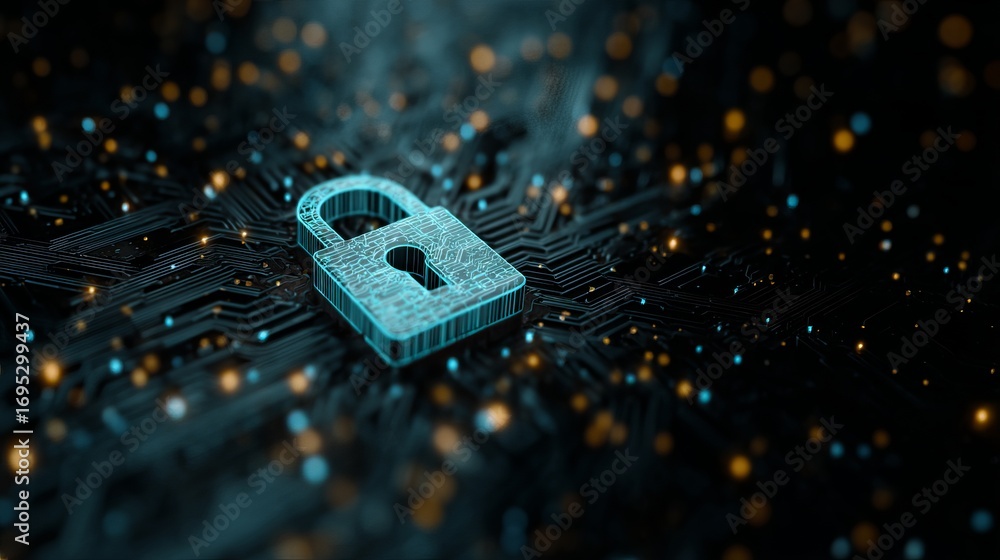 Poster digital padlock glowing on circuit board with bokeh lights symbolizes secure data, network protectio