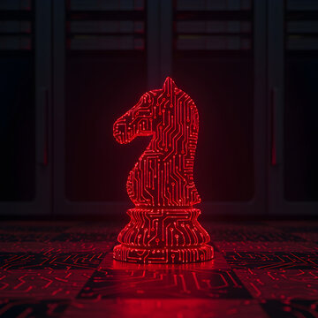 Sleek red chess knight made of glowing circuit patterns & binary code &mdash; poised on a server chessboard. Perfect for cybersecurity, AI strategy, tech warfare, and digital intellect visuals.