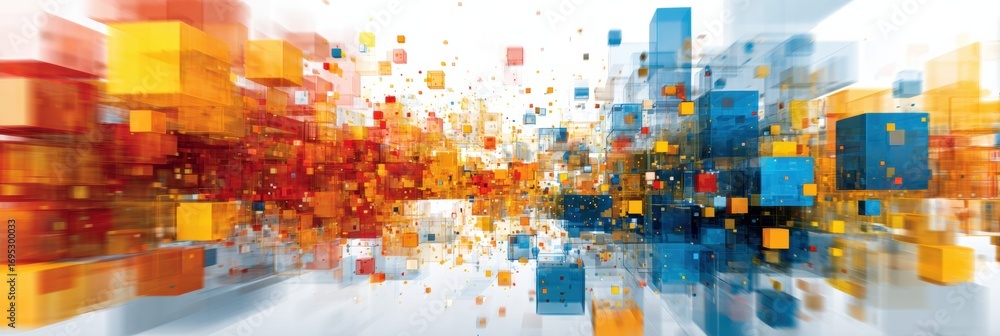 Poster abstract digital art showcasing vibrant colors and geometric cubes in a dynamic spatial arrangement 