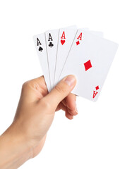 Stunning hand holding four aces, a winning poker hand ready for a game of chance and strategy
