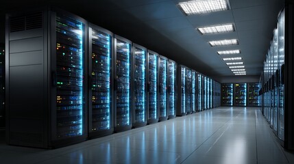 Modern data center hallway with rows of glowing blue server racks creating a futuristic and high-tech environment for advanced computing and digital infrastructure.
