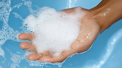 Fototapeta premium Gentle cleanliness, a human hand holding soap foam in a pool of fresh water