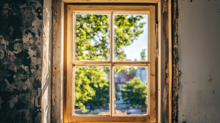 Fototapeta premium A window with a view of trees and a building