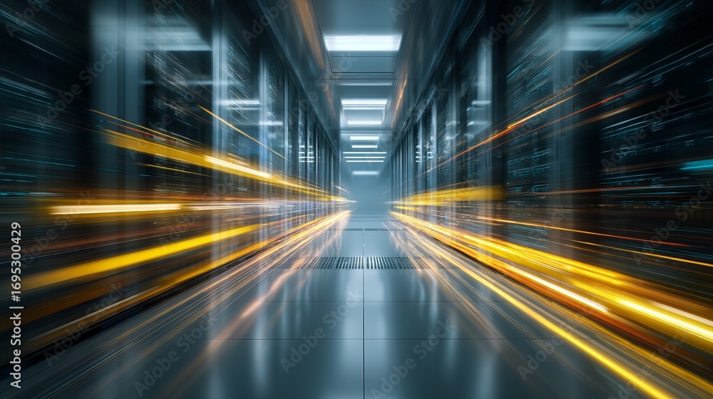 Poster experience the exhilarating speed of digital data transfer through a modern, illuminated server room