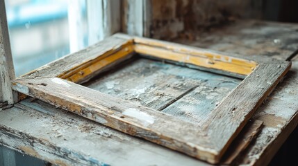 A wooden frame is sitting on a table