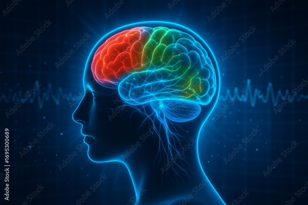 Poster side view of human brain with neural activity and glowing colors