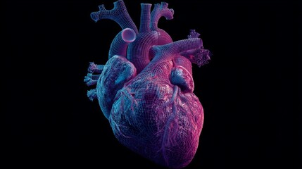 Stunning 3D wireframe human heart with vibrant neon blue and pink lighting against a stark black background, perfect for medical and science themes.