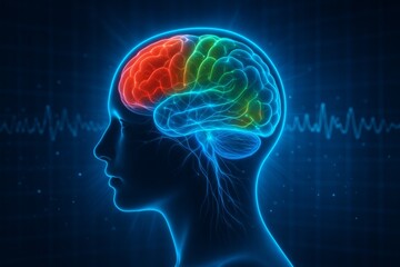 Obraz premium Side view of human brain with neural activity and glowing colors