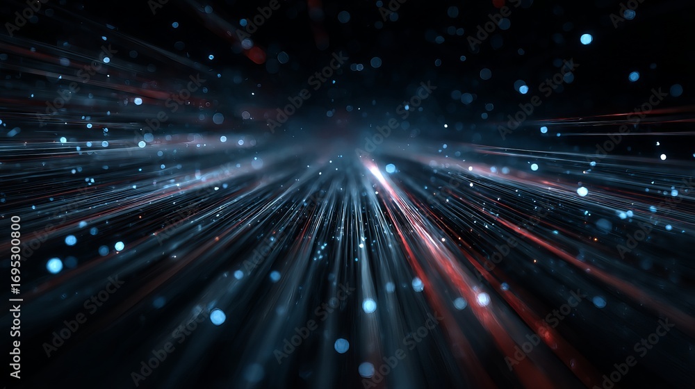 Poster dynamic abstract digital light streaks and bokeh particles creating a futuristic, high-speed motion 