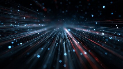 Dynamic abstract digital light streaks and bokeh particles creating a futuristic, high-speed motion blur effect in a dark cosmic background