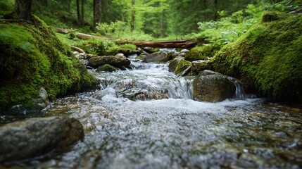 Serene Forest Stream: Mossy Rocks and Glistening Water