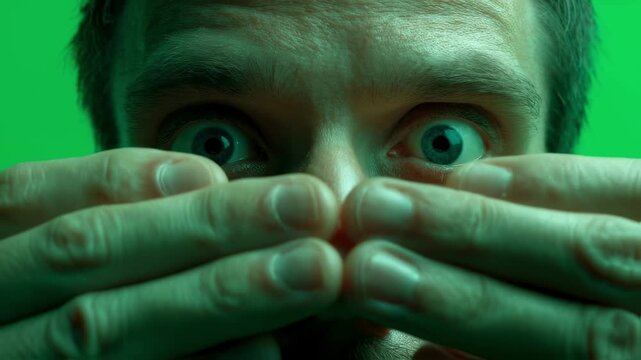 Nervous man covering mouth with hands, widening eyes revealing intense emotional state of growing fear, surprise, and disbelief against green screen background