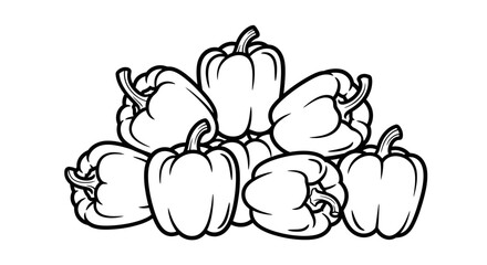 fresh bell peppers, pile of vegetables, healthy food, cooking ingredients, line art, black and white illustration