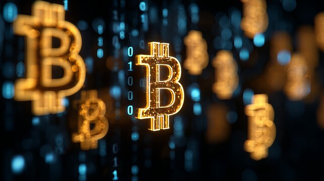 Dynamic Bitcoin symbols glow amidst digital binary code creating a futuristic financial technology concept