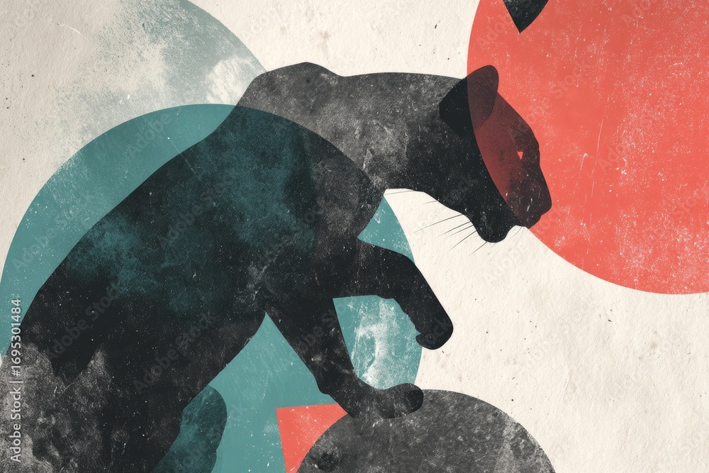 Poster retro-style abstract panther silhouette with geometric shapes and textured effect